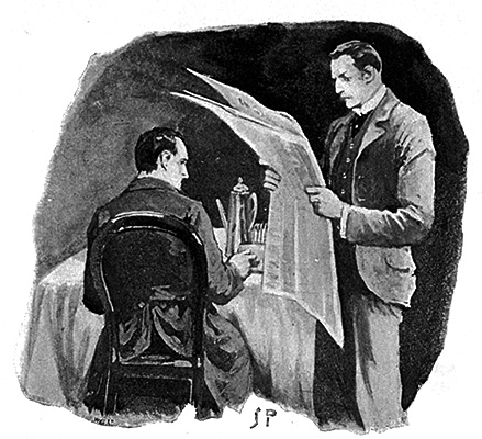 立って新聞を読むワトソンと座っているホームズ